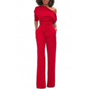 Stylish One-shoulder Red Polyester One-piece Jumps
