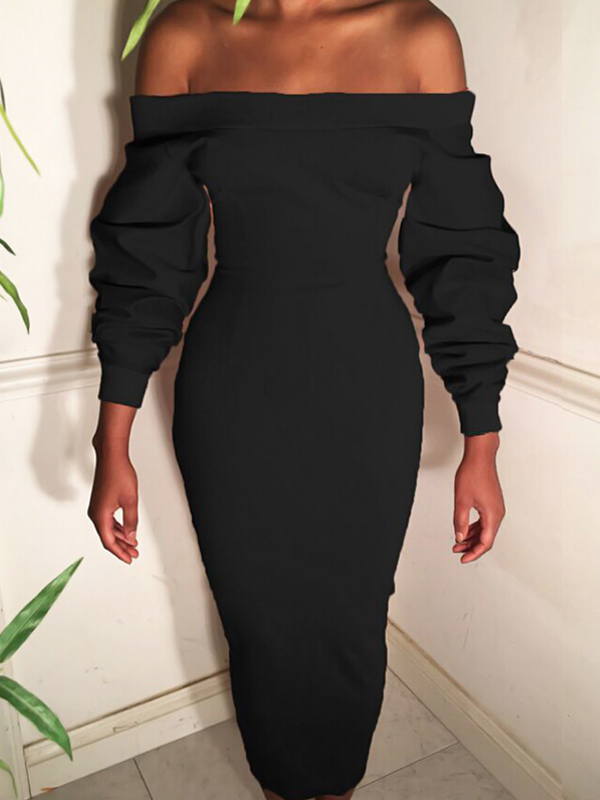 

Lovely Trendy Dew Shoulder Long Sleeves Black Polyester Sheath Mid Calf Dress