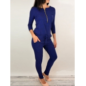 Leisure Round Neck Zipper Design Blue Cotton Blend