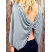 Leisure Round Neck Backless Grey Polyester T-shirt