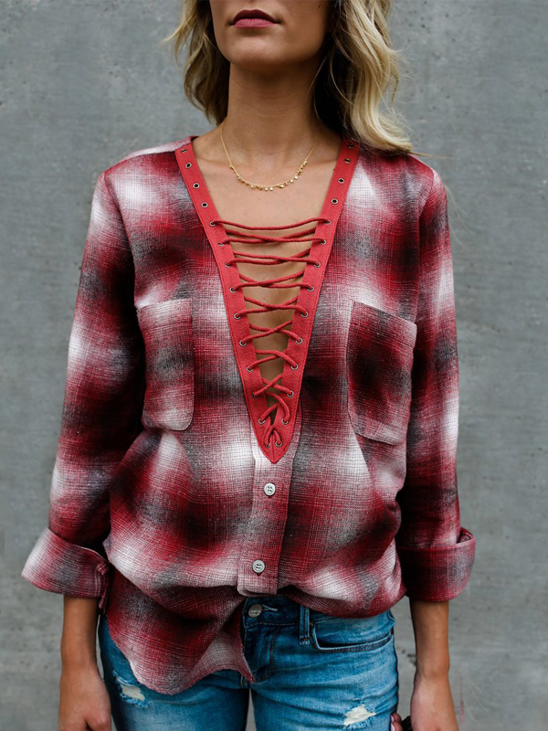 

Sexy Deep V Neck Long Sleeves Hollow-out Polyester Shirts, Multi
