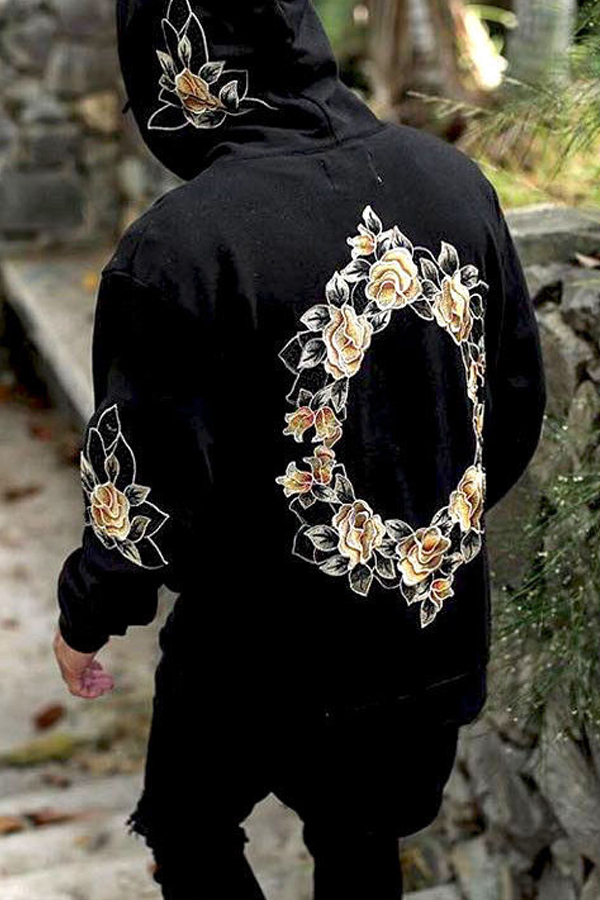 Leisure Hooded collar Long Sleeves Printed Black Cotton Blends Coat for men