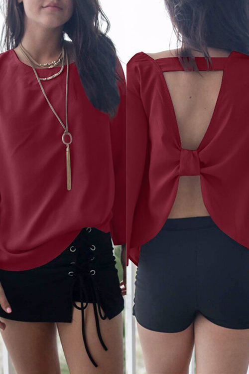 Sexy Round Neck Backless Wine Red Cotton Shirts