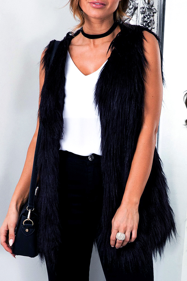 Faux Fur V Neck single breasted Regular Vests&Waistcoats