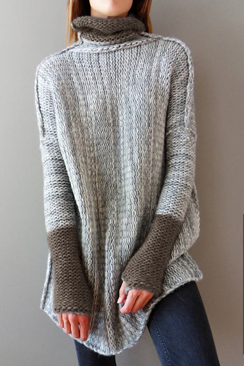 Lovely Trendy Turtleneck Long Sleeves Patchwork Grey Acrylic Sweaters ...
