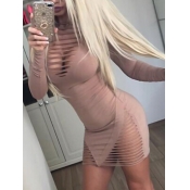 Sexy Round Neck Hollow-out Pink Milk Fiber Sheath 