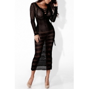 Sexy V Neck Lace-up See-Through Black Polyester Mi