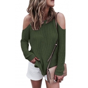 Leisure Round Neck Hollow-out Green Cotton Blends 