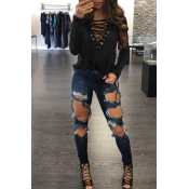 Sexy V Neck Long Sleeves Lace-up Hollow-out Black 