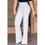 Stylish Elastic Waist Lace-up White Blending Pants