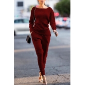 Red Cotton Pants Plain O neck Long Sleeve Casual T