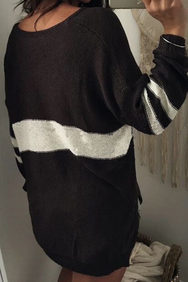 Euramerican V Neck Long Sleeves Patchwork Black Wool Sweaters