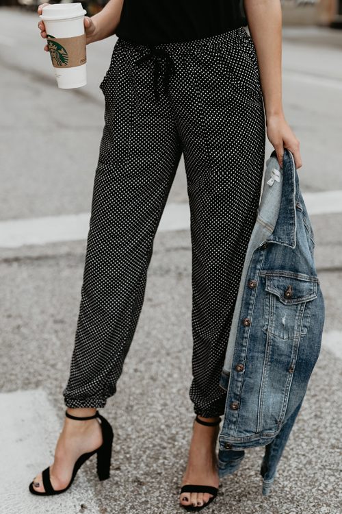 

Lovely Leisure Mid Waist Dots Printed Black Blending Pants