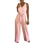 Fashion V Neck Lace-up Pink Polyester One-piece Ju