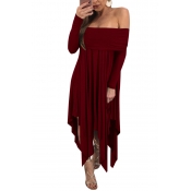Sexy Dew Shoulder Asymmetrical Wine Red Polyester 