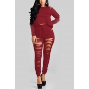 Sexy Hollow-out Wine Red Polyester Two-piece Pants