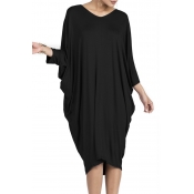Leisure Round Neck Hollow-out Black Polyester Knee
