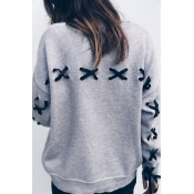 Trendy Round Neck Lace-up Grey Polyester Pullovers
