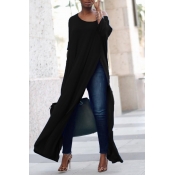 Leisure Round Neck High Split Black Cotton Shirts