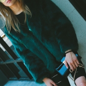Trendy V Neck Long Sleeves Fur Design Black-green 
