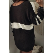 Euramerican V Neck Long Sleeves Patchwork Black Wo