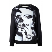 Leisure Long Sleeves Printed Black Cotton Pullover