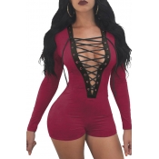 Sexy Deep V Neck Lace-up Hollow-out Wine Red Polye