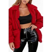 Casual Turndown Collar Long Sleeves Red Polyester 