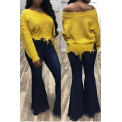 Euramerican V Neck Irregular Hems Yellow Wool Swea