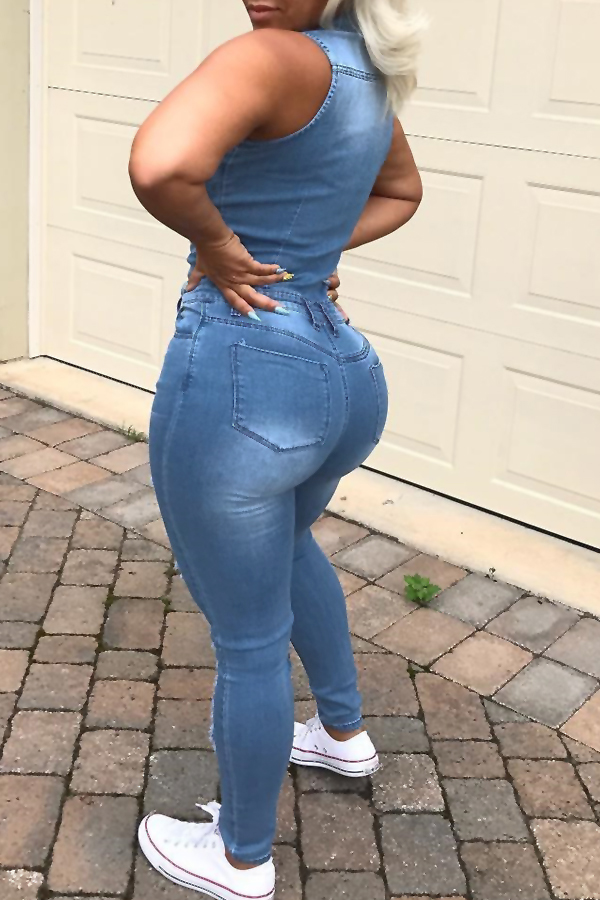 Euramerican Turndown Collar Laceup Hollowout Blue Denim Onepiece