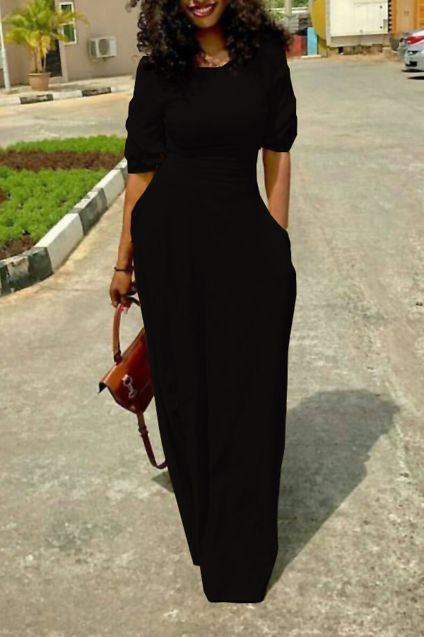 

Leisure Round Neck Pocket Design Black Polyester Floor Length Dress