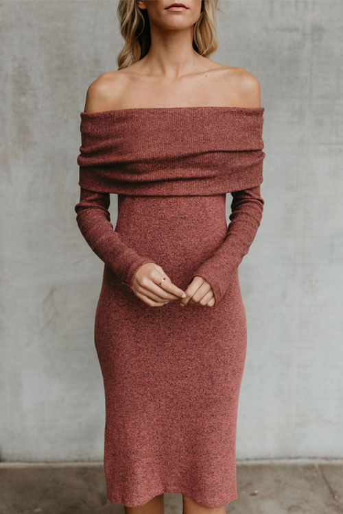 

Lovely Sexy Bateau Neck Long Sleeves Brick-Red Blending Mid Calf Dress