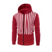 Fashionable Hooded Collar Striped Red Cotton Blend