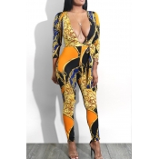 Sexy Deep V Neck Printed Yellow Polyester One-piec