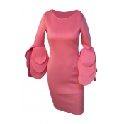 Trendy Round Neck Horn Sleeves Pink Cotton Blend S