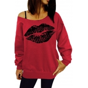 Sexy Dew Shoulder Lips Printed Purplish Red Cotton