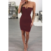 Sexy Bateau Neck Zipper Design Wine Red Cotton Ble