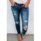 Lovely Stylish Mid Waist Broken Holes Blue Denim J