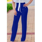 Fashion High Waist Lace-up Blue Polyester Pants