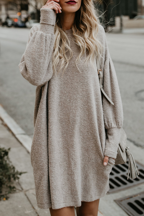 

Lovely Casual Round Neck Long Sleeves Beige Polyester Knee Length Dress