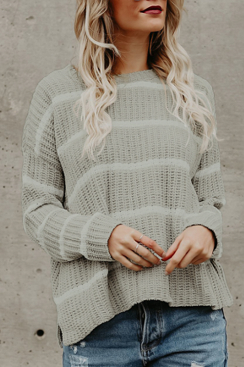 

Lovely Fashionable Round Neck Striped Grey Acrylic Sweaters