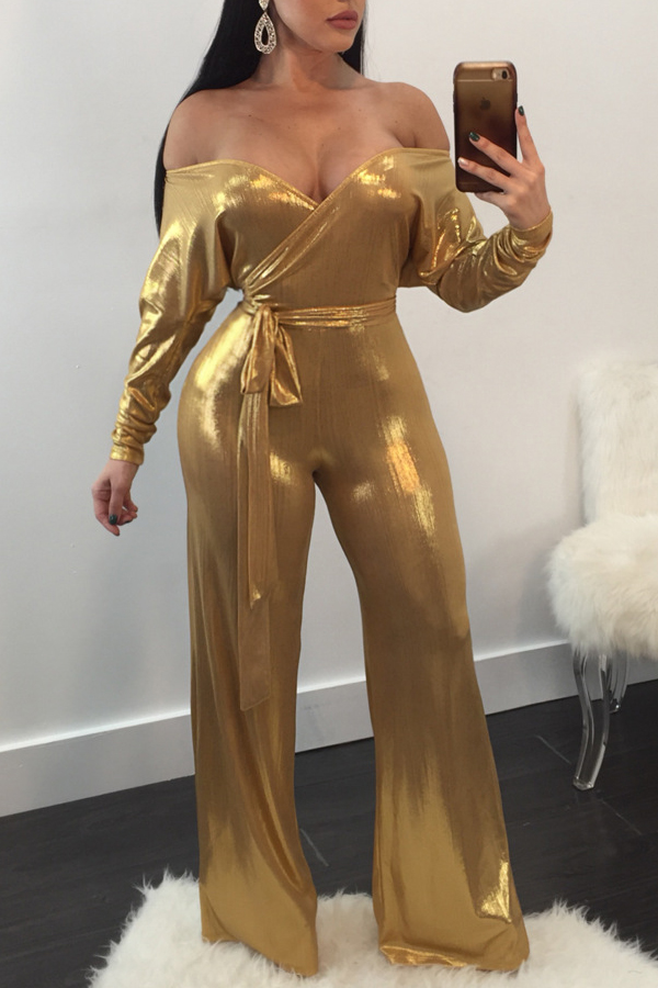 Trendy V Neck Beam Waist Gold Polyester One-piece Jumpsuits(With Belt) от Lovelywholesale WW