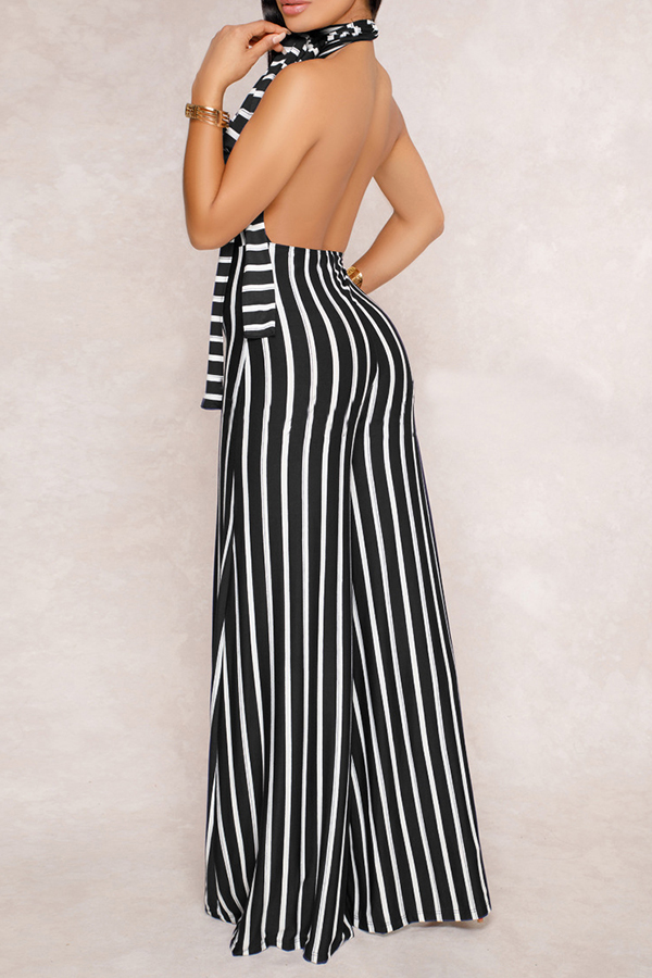 Sexy Halter Neck Striped Patchwork Backless Black Polyester One-piece Jumpsuits(Without Belt) от Lovelywholesale WW