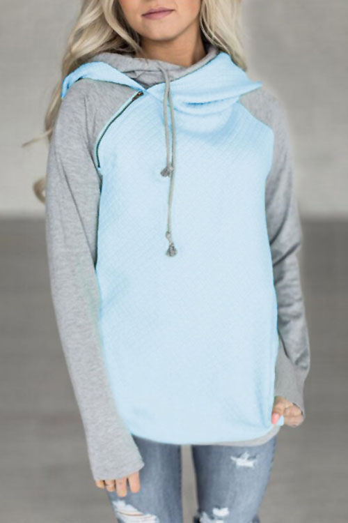 

Lovely Leisure Hooded Collar Patchwork Blue Blending Hoodies