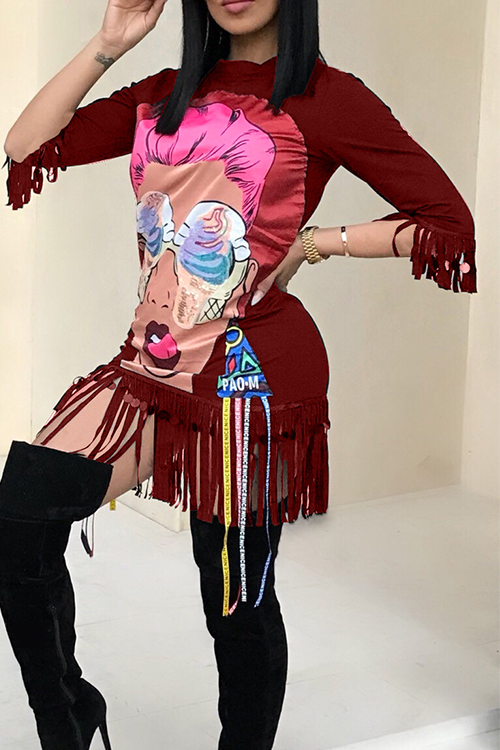 Casual Round Neck Cartoon Characters Printed Tassel Fringed Wine Red Cotton Blend Mini Dress от Lovelywholesale WW