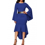 Fashionable Round Neck Trumpet Sleeves Blue Polyes