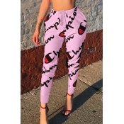 Casual Mid Elastic Waist Letters Printed Pink Poly
