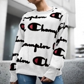 Casual Round Neck Printed White Polyester Hoodies(