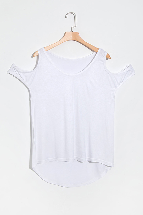 

Lovely Fashion Round Neck Short Sleeves Dew Shoulder Design White Cotton Blends T-shirt