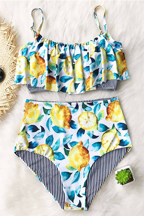 

Lovely Sexy Falbala Design Floral Printed Polyester Two-piece Swimwears